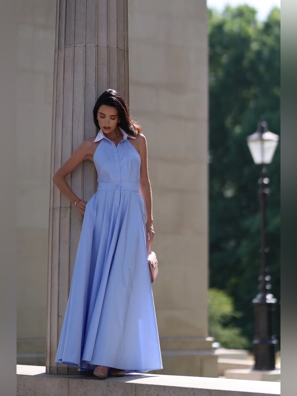 Aavelle cotton collard Maxi dress gown blue halter neck